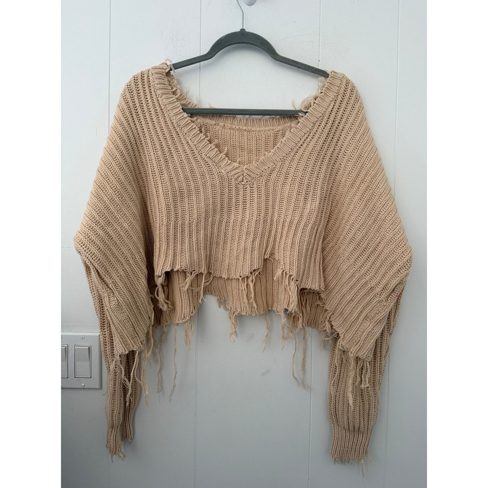 Nomad Tan Beige Distressed Cropped Ribbed Knit Cotton V-Neck Sweater Small